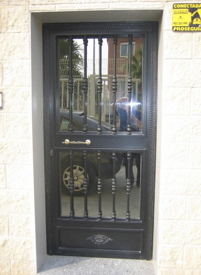 Puerta de una hoja abatible con adornos de fundición y cristal espejo.